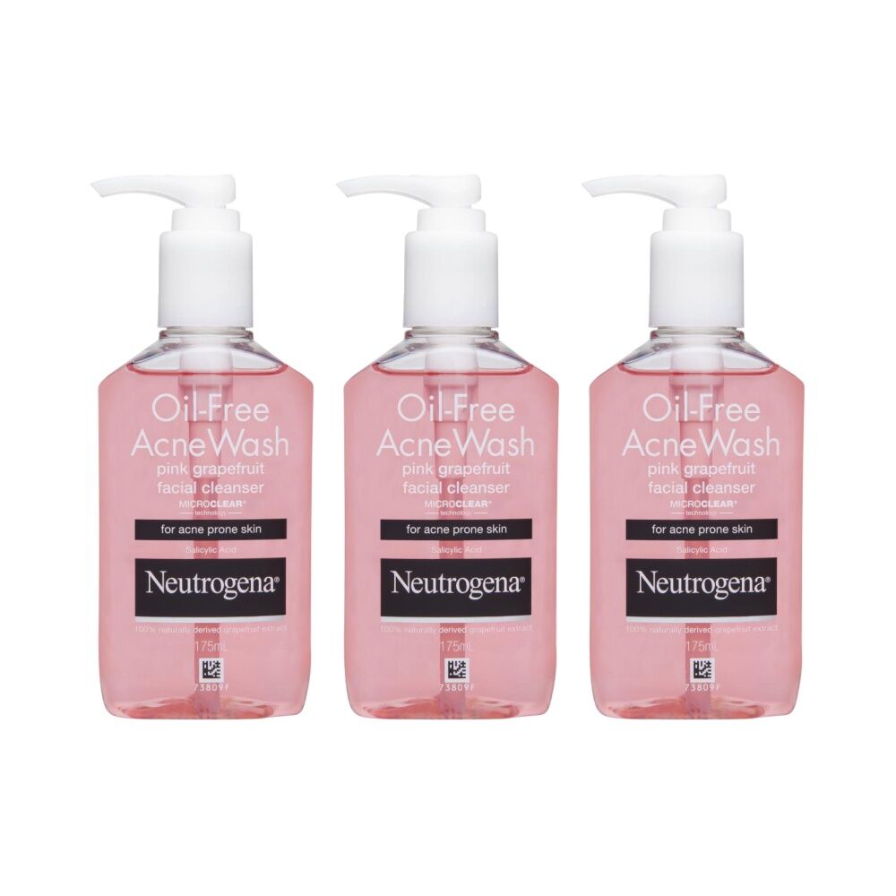 3PK Neutrogena Oil Free Acne Wash Pink Grapefruit Facial Cleanser 175ml