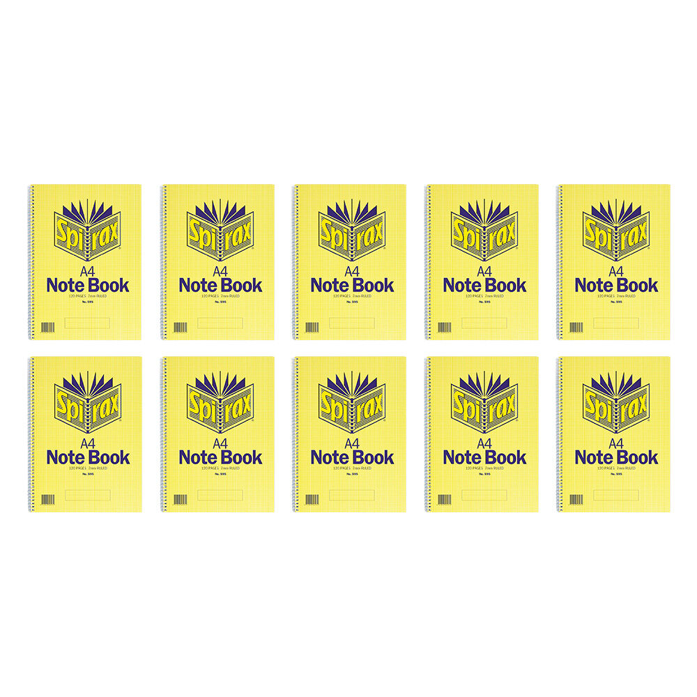 10PK Spirax 595 Spiral Writing Notebook A4 120 Pages 7mm Ruled Yellow