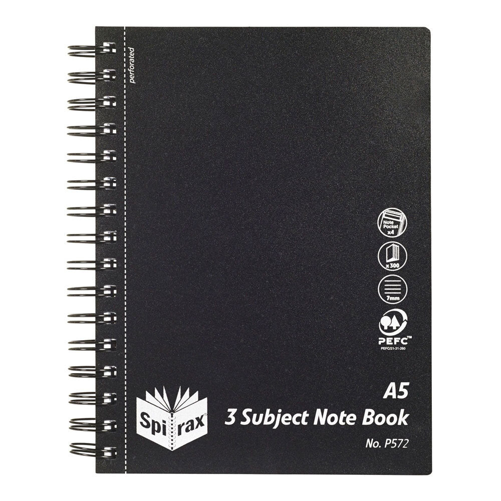 2PK Spirax Black Cover A5 3 Subject 300 Page Notebook