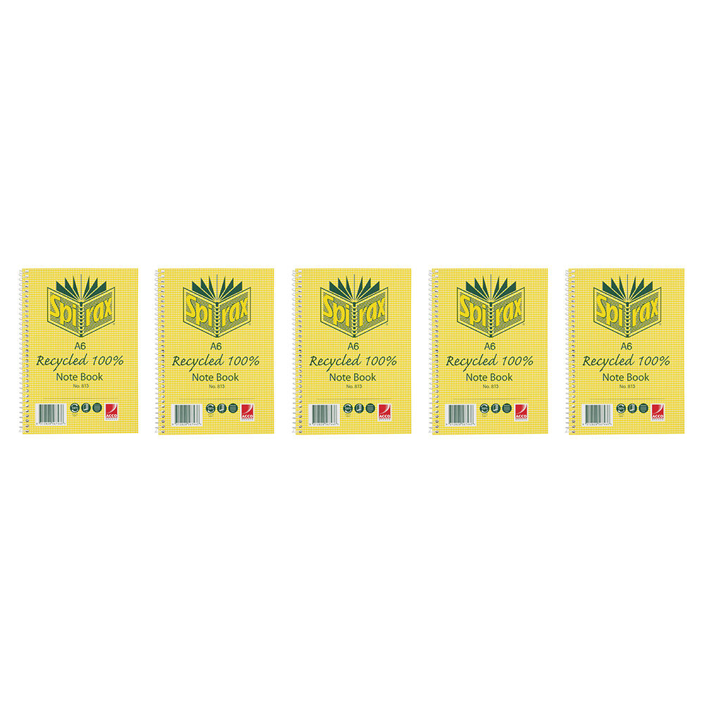 5PK Spirax 813 Recycled Notebook A6 Stationery 100 Pages Yellow
