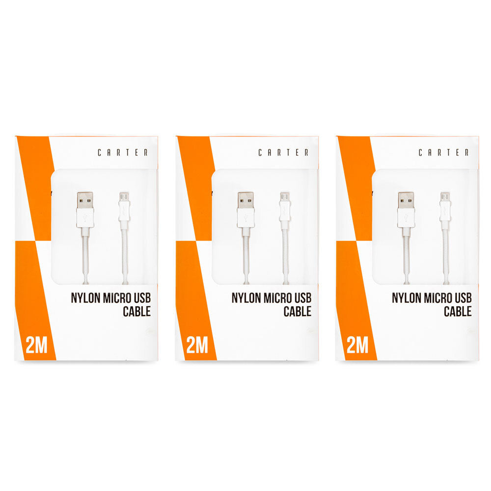 3PK Carter 2m Micro USB To USB Nylon Cable - White