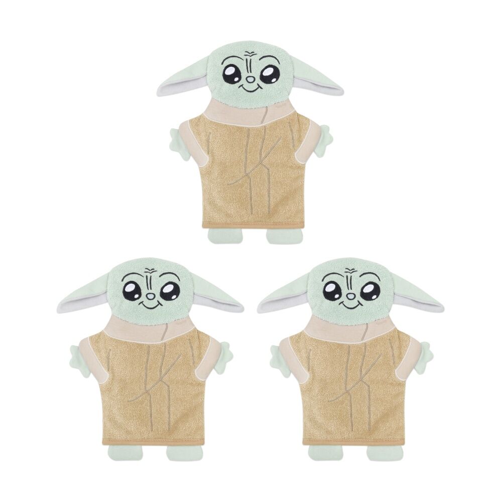 3PK Lucas Film Grogu Star Wars Childrens Wash Mitt 100% Cotton Tan/Sage