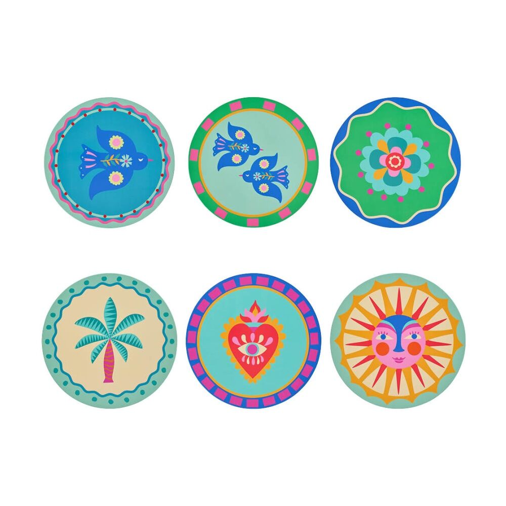 2x 6pc Annabel Trends Cork Backed Coasters Set W/ 6 Unique Designs 10cm Fiesta