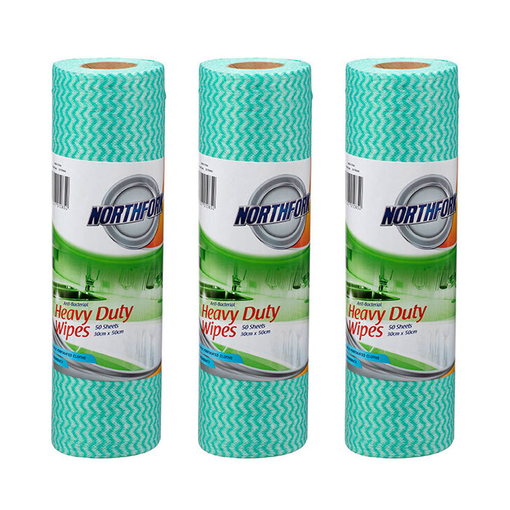 3PK 50pc Northfork Heavy Duty Antibacterial Wipes Roll - Green