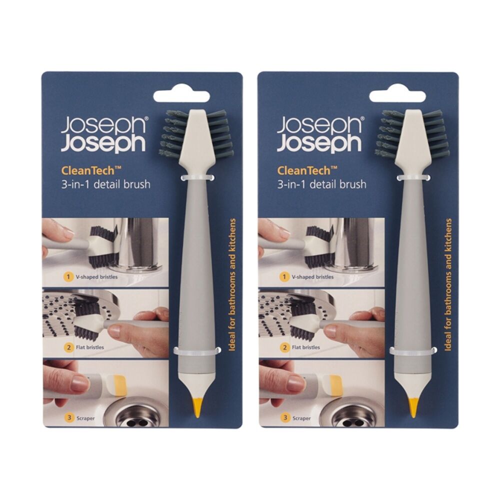 2PK Joseph Joseph CleanTech 3-In-1 Bathroom Grout And Corner Detail Brush Stone