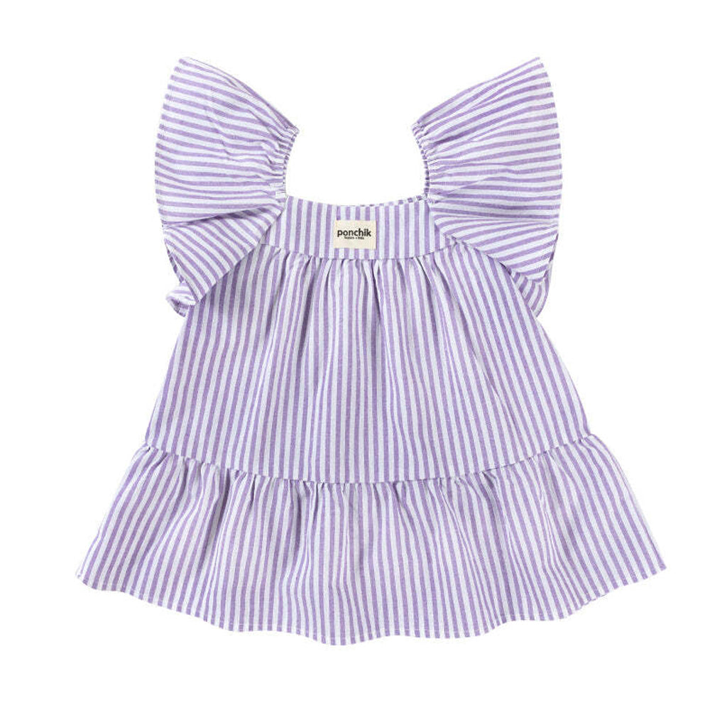 Ponchik Cotton Frill Sleeve Dress Lilac Stripe Size 7y