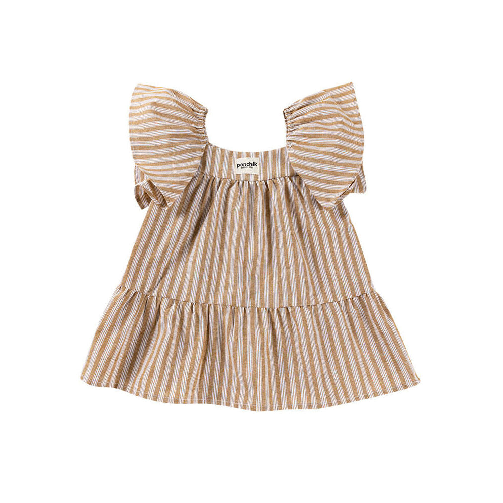 Ponchik Cotton Frill Sleeve Dress Wheat Stripe Size 6y