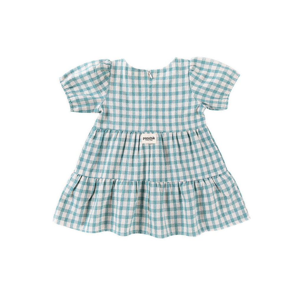 Ponchik Cotton Puff Sleeve Dress Peacock Gingham Size 5y
