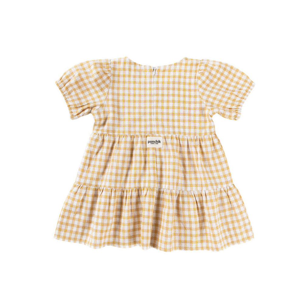 Ponchik Cotton Puff Sleeve Dress Wheat Gingham Size 6-12m