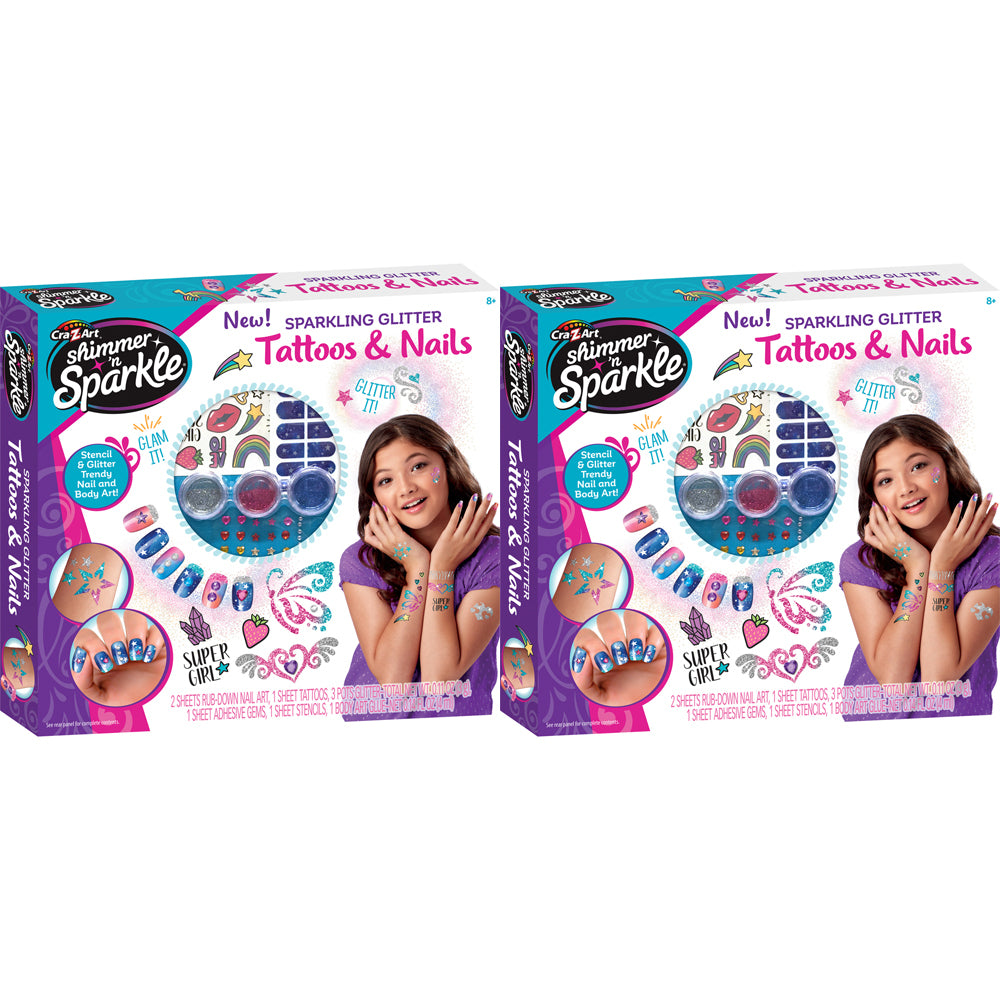 2PK Shimmer 'n Sparkle Kids Ultimate Glitter Tattoos & Nails Craft Kit 8y+