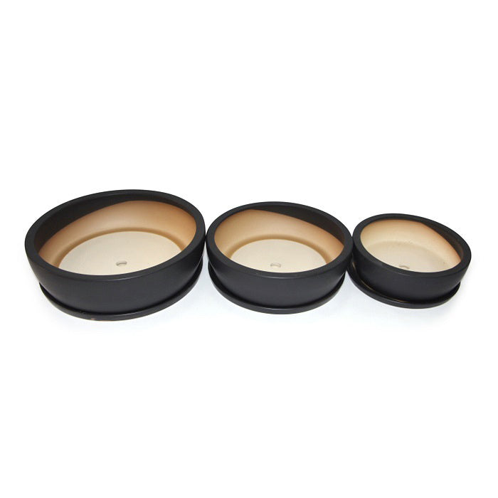 17352-3pc-ceramic-low-pot-planter-w-saucer-garden-decor-matte-black