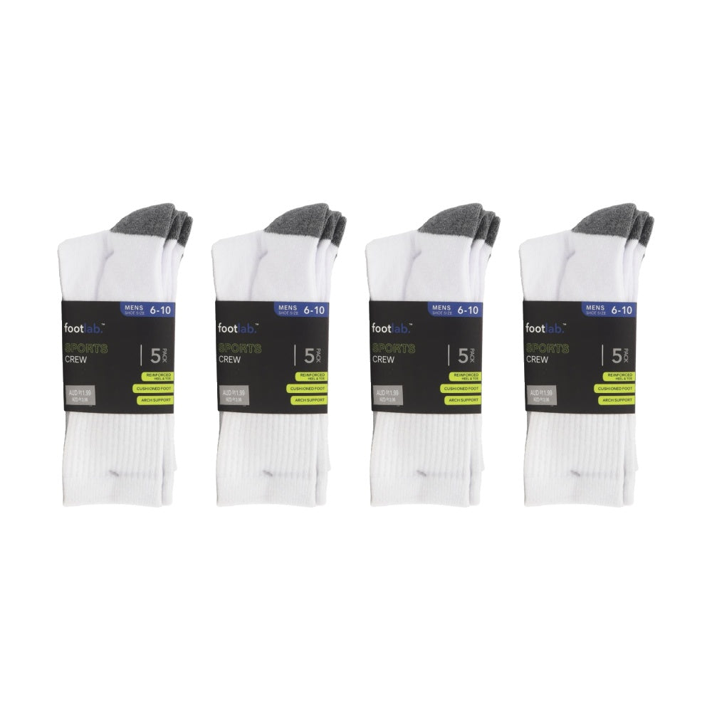 4x 5PK Footlab Men's Socks Sports Crew W/ Arch Support Shoe Size 6-10 White