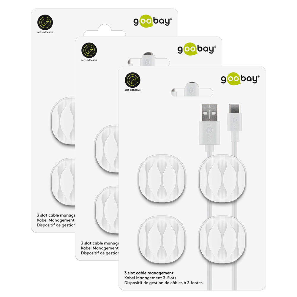3x 4pc Goobay 3 Slots Adhesive Cable 3.43cm Organiser - White