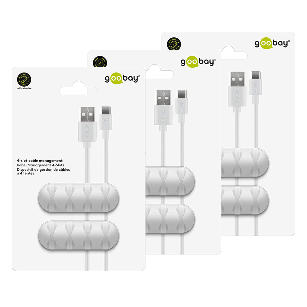 3x 2pc Goobay 4 Slots Adhesive Cable 6.4cm Organiser - White