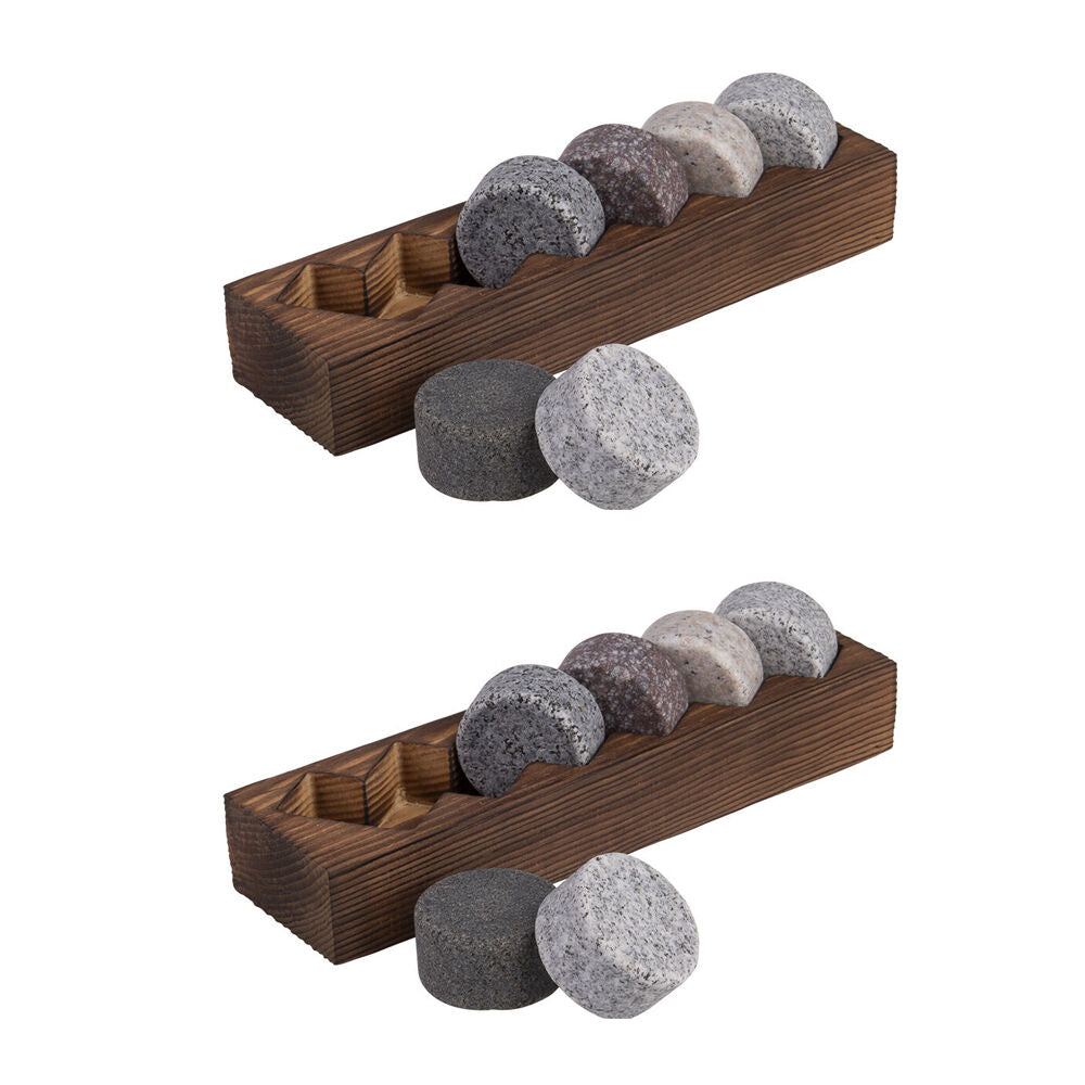 2x 6pc Bartender Granite Whisky Disc Set w/ Wooden Base Tray