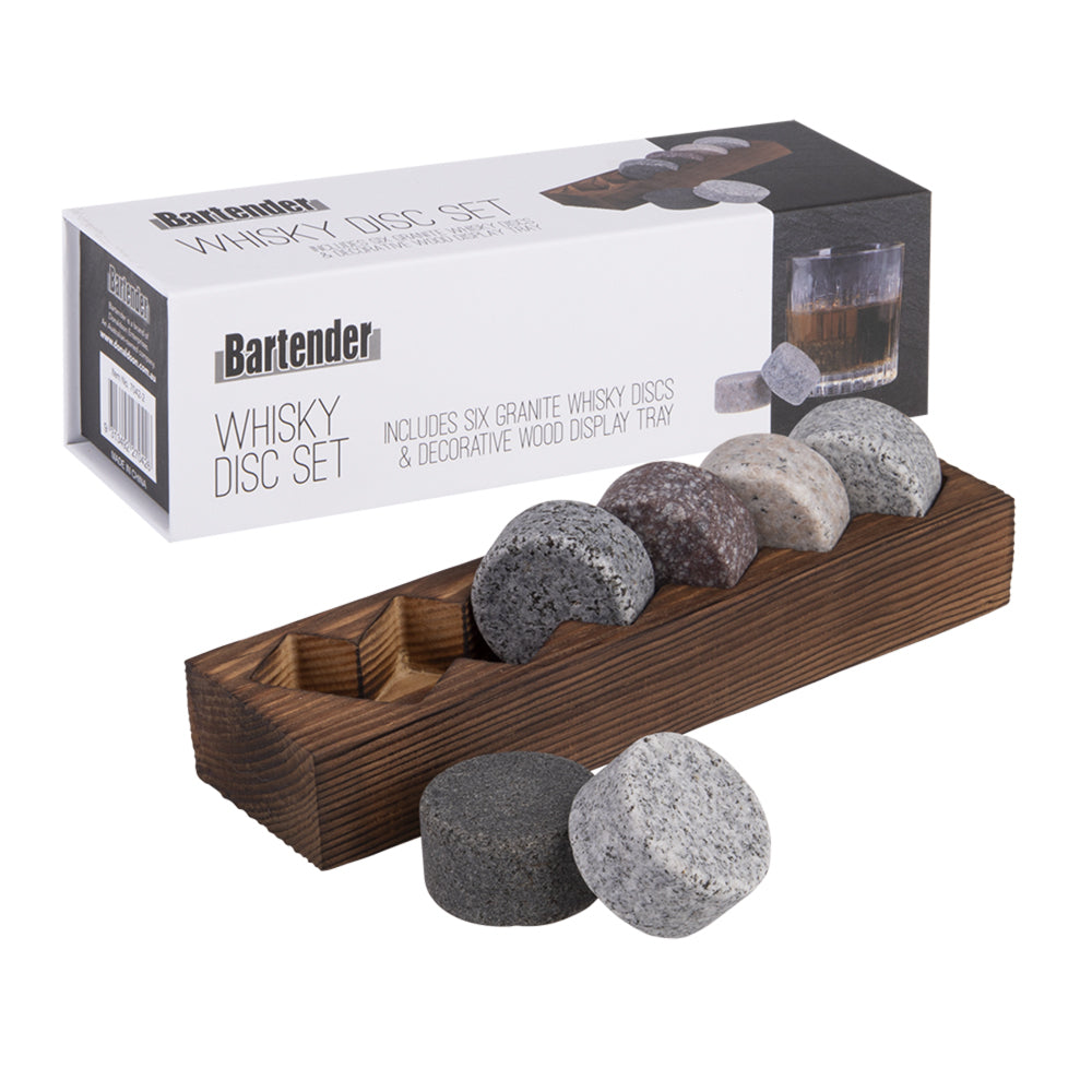 2x 6pc Bartender Granite Whisky Disc Set w/ Wooden Base Tray
