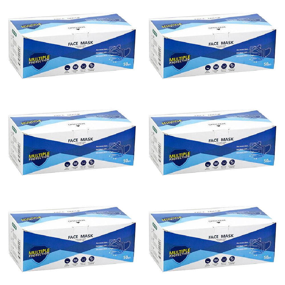 6x 50pc Disposable Face Mask 3 Ply w/Elastic Ear Band Blue