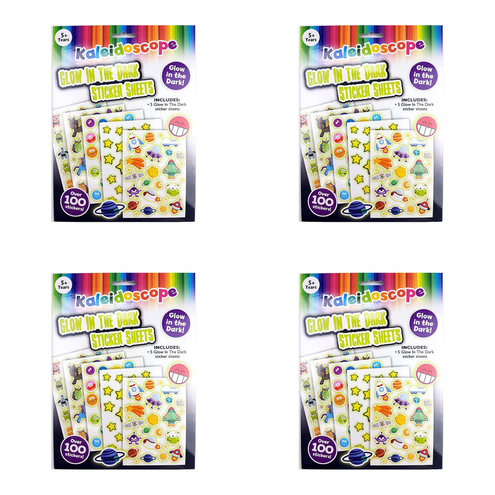 4x 5PK Kaleidoscope Kids Glow In The Dark Sticker Sheets Set 5y+