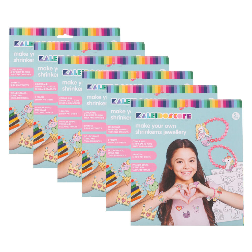 6PK Kaleidoscope Make Your Own Shrinkems Rings & Bracelet Kids Art Craft Kit 5+