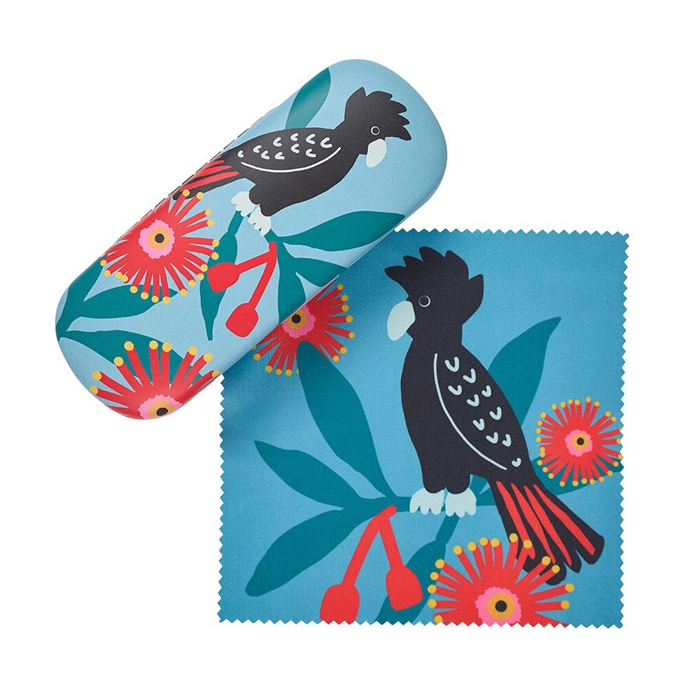 Annabel Trends Glasses Case Combo W/ Matching Cloth 15x6cm Black Cockatoos
