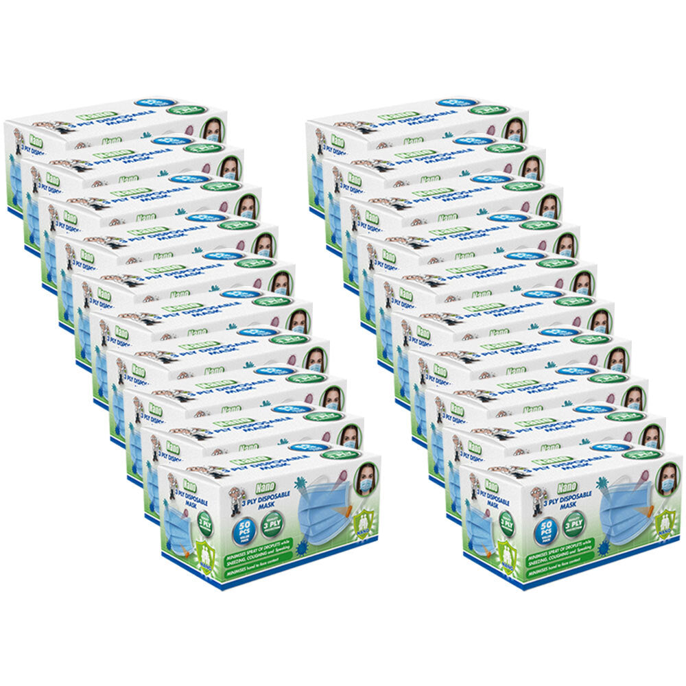 20x 50pc Nano 3 Ply Disposable Face Protection Health Safety Masks Blue
