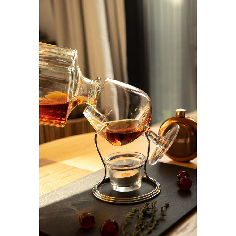 2PK BarCraft Brandy & Cognac Chrome/Glass 350ml Cup & Warmer Stand Set - Clear