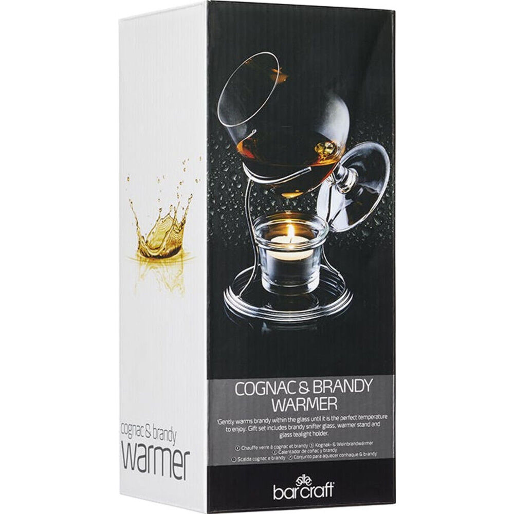 2PK BarCraft Brandy & Cognac Chrome/Glass 350ml Cup & Warmer Stand Set - Clear