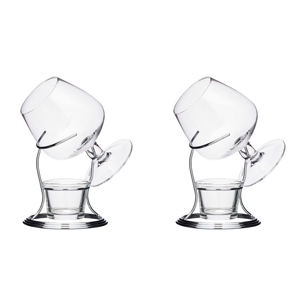 2PK BarCraft Brandy & Cognac Chrome/Glass 350ml Cup & Warmer Stand Set - Clear