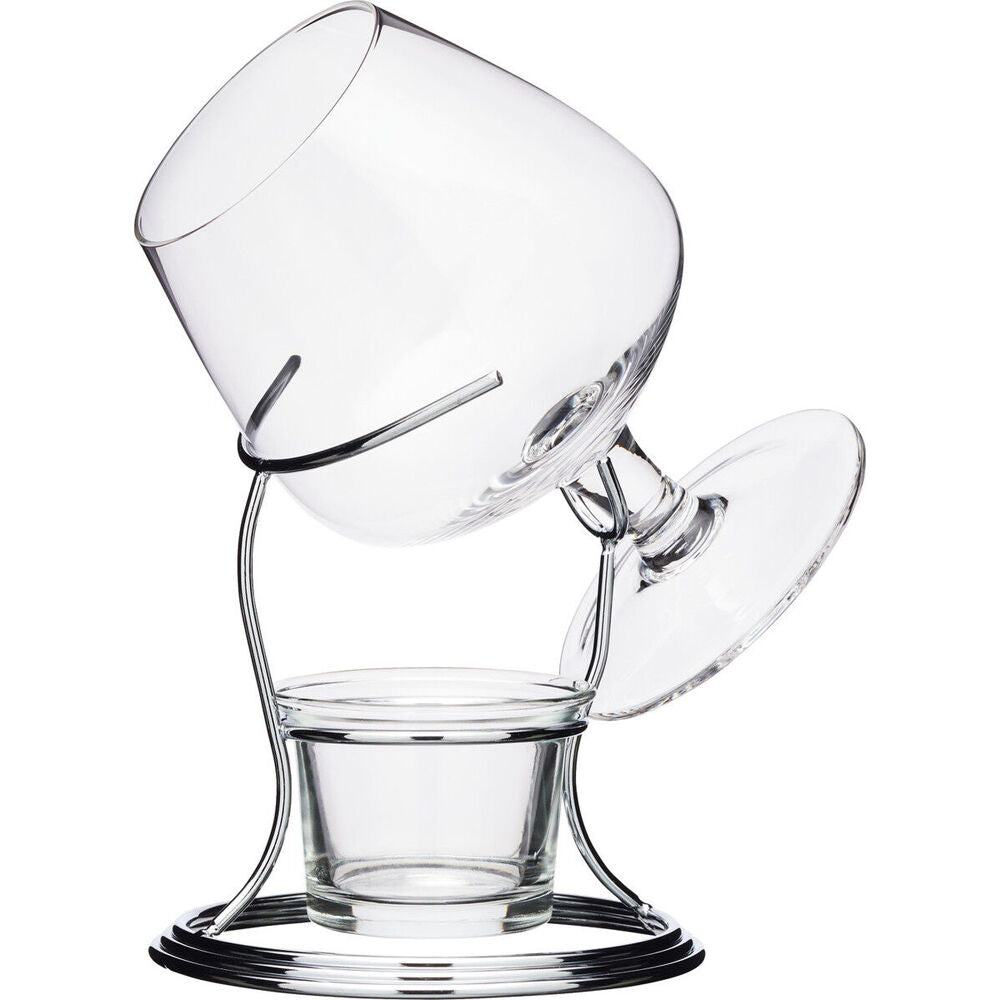 2PK BarCraft Brandy & Cognac Chrome/Glass 350ml Cup & Warmer Stand Set - Clear