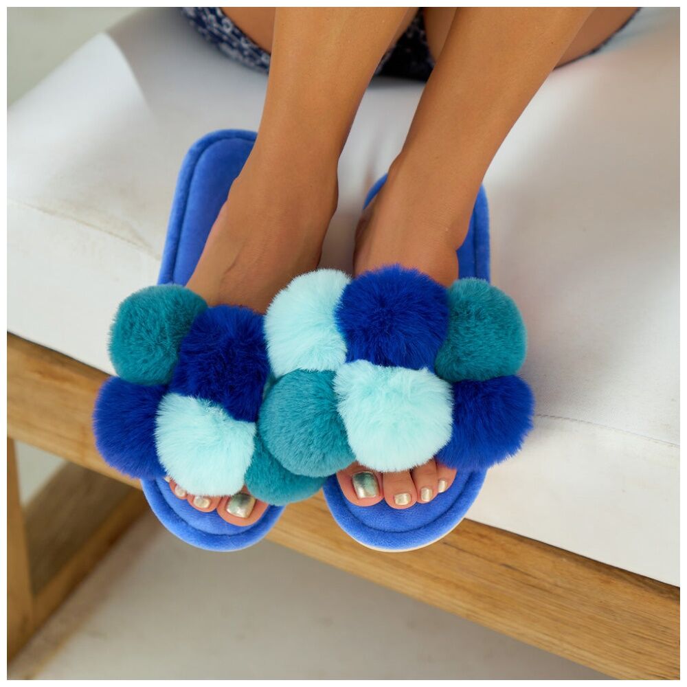 Annabel Trends Pom Pom Cosy Luxe Thongs Women's Slippers Shoes S/M Multi Blue