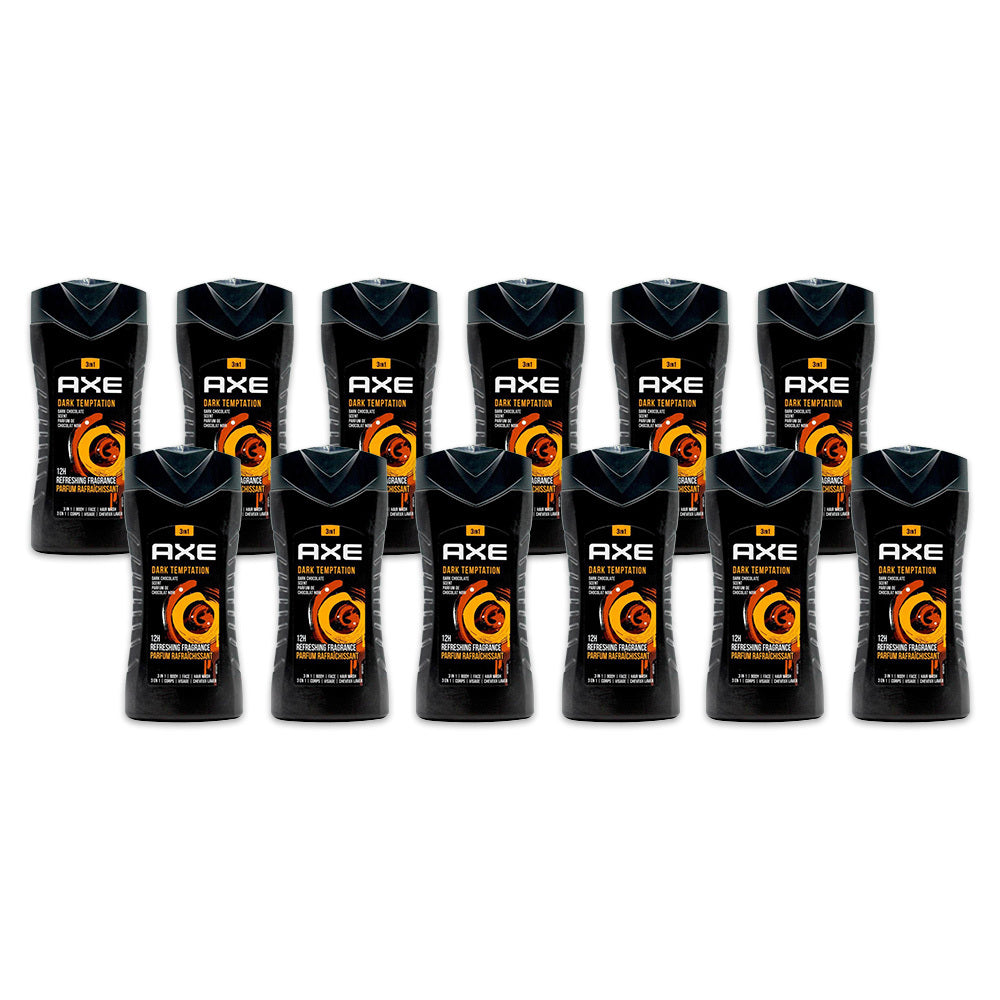 12PK Axe Dark Temptation 3-in-1 Body Face Hair Wash 250ml For Men Dark Chocolate