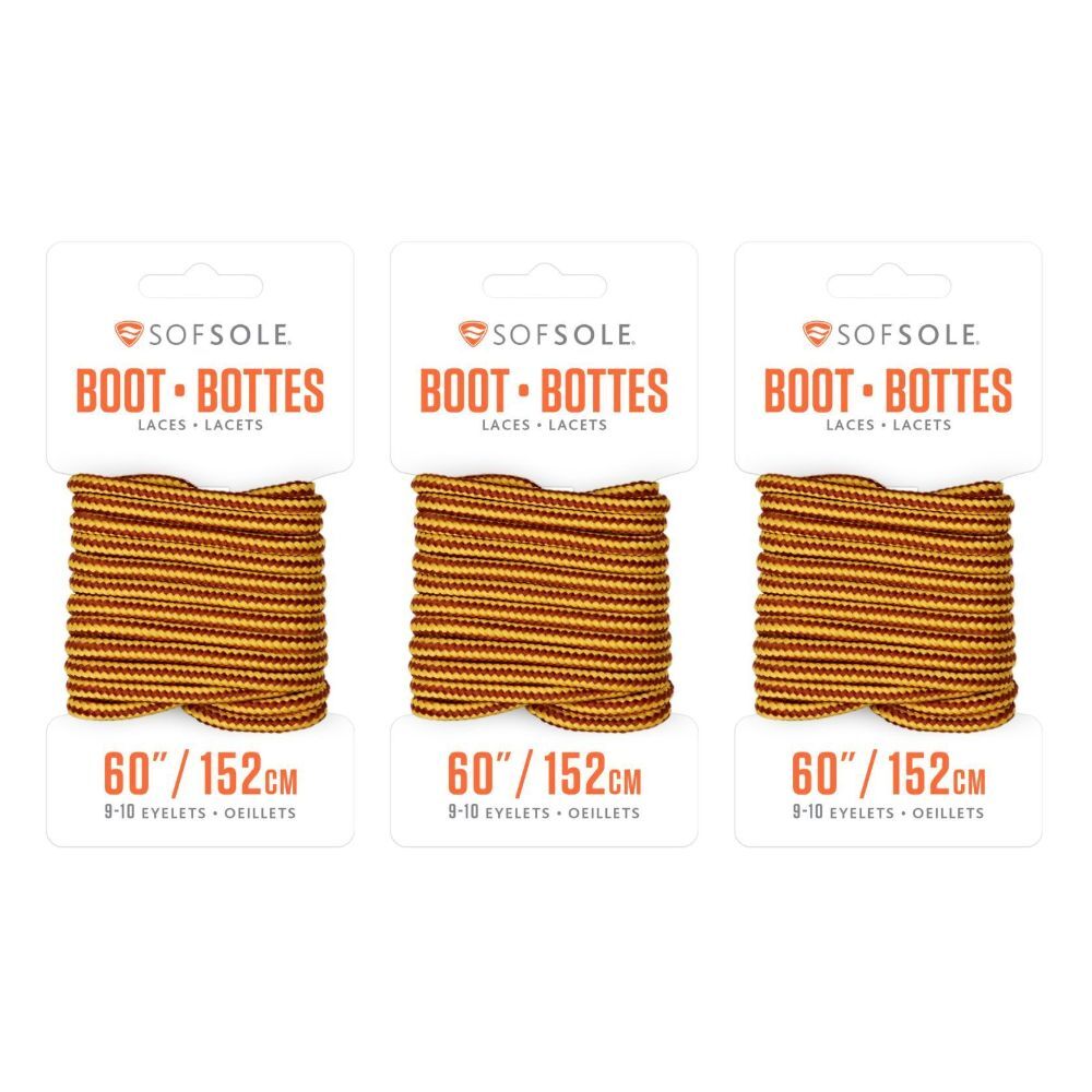 3PK Sof Sole 60" Waxed Work/Casual Boot Laces - Gold/Brown