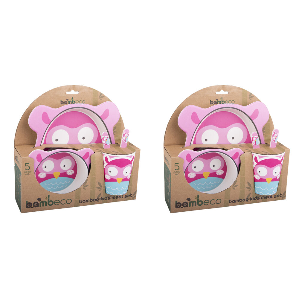 2x 5pc Bambeco Organic Bamboo Childrens Animal-Printed Meal Dining Set Owl