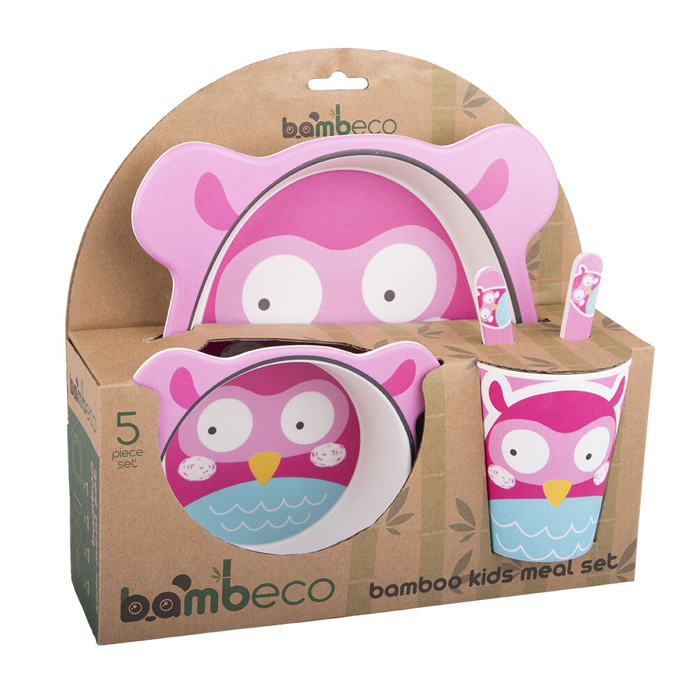 2x 5pc Bambeco Organic Bamboo Childrens Animal-Printed Meal Dining Set Owl