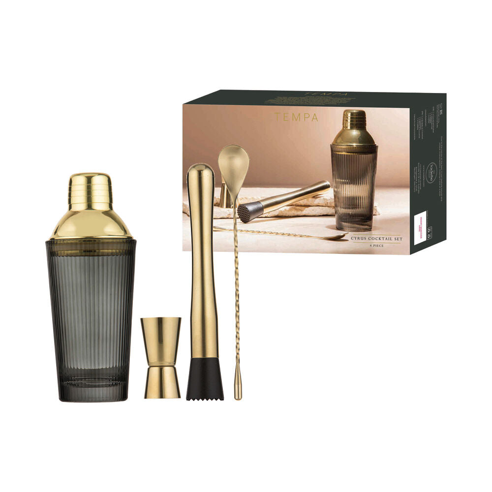 4pc Tempa Cyrus Thin Ribbed Cocktail Drink Making Set Charcoal