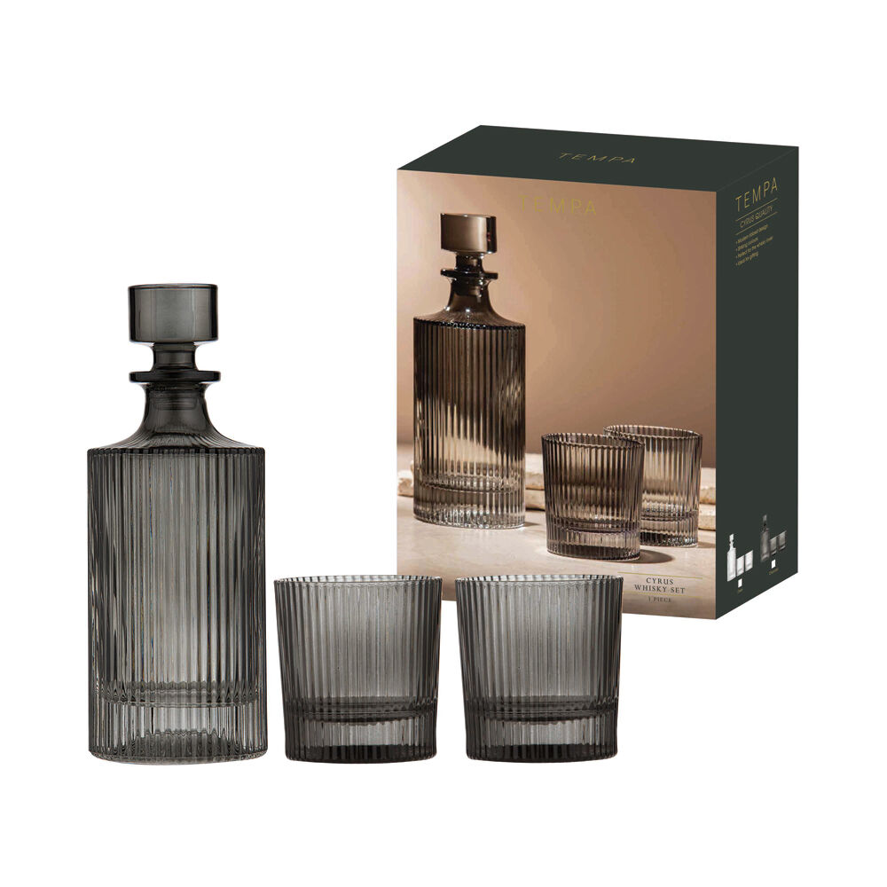 3pc Tempa Cyrus Thin Ribbed Whisky Decanter & Glasses Set Charcoal