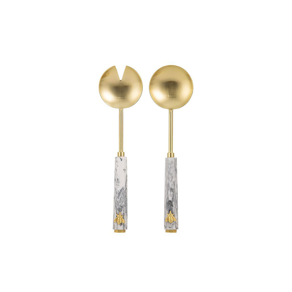 2pc Tempa Modern Bee Marble-Look Salad Servers Set Metallic Gold/White