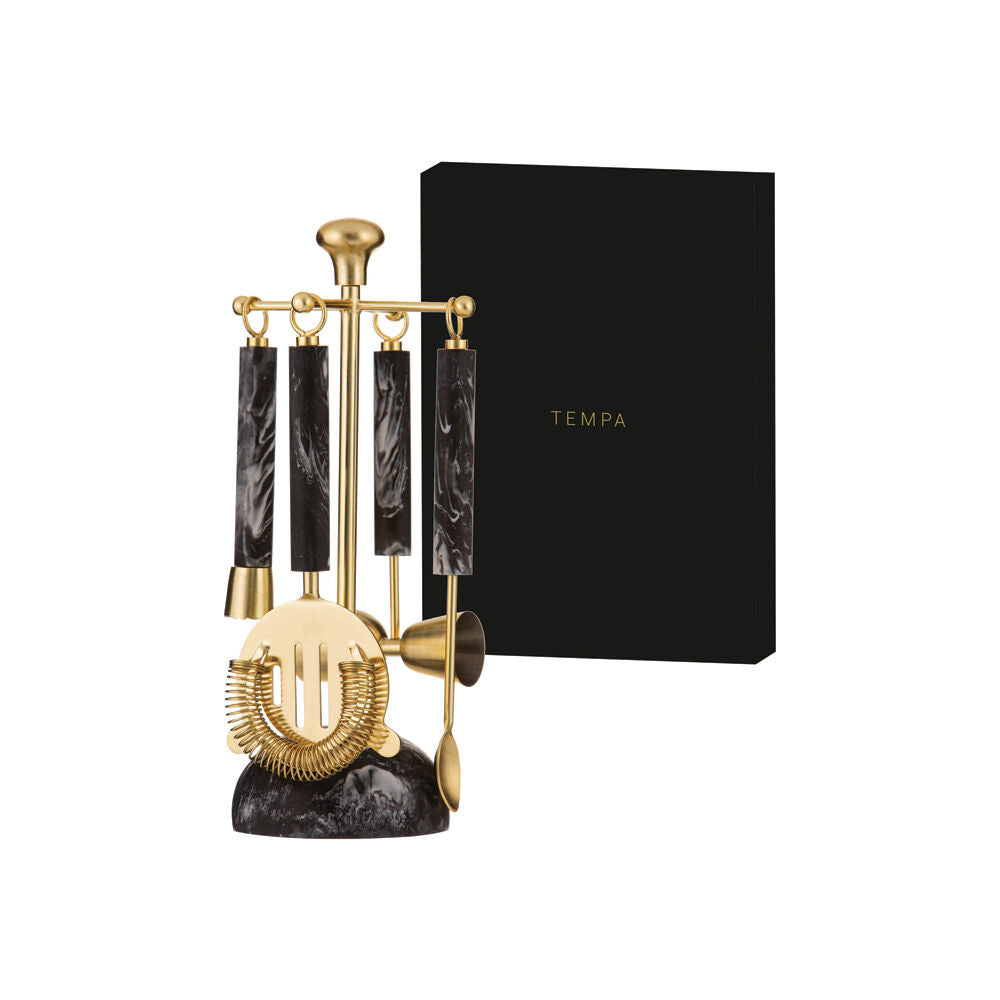 5pc Tempa Bennett Marble Finish Resin Barware Tools Set Black/Gold