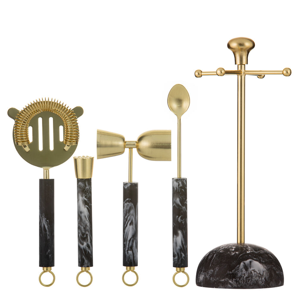 5pc Tempa Bennett Marble Finish Resin Barware Tools Set Black/Gold