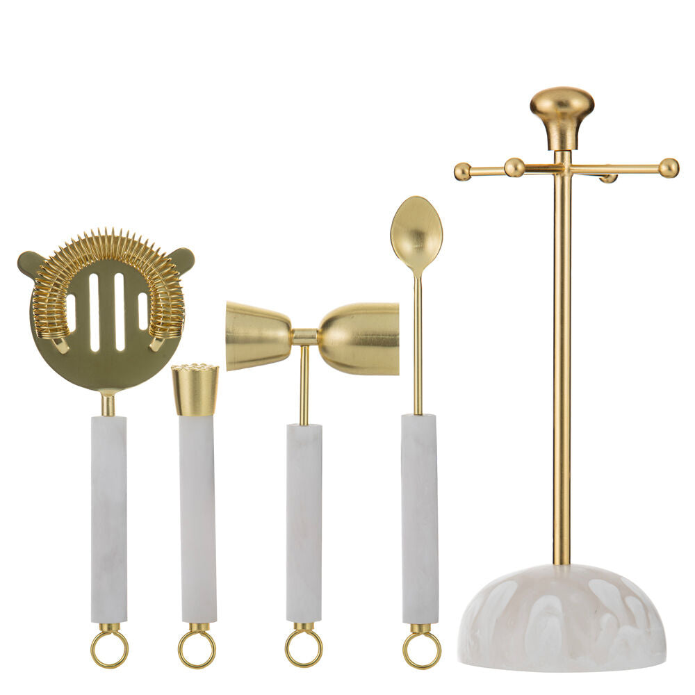 5pc Tempa Bennett Marble Finish Resin Barware Tools Set White/Gold