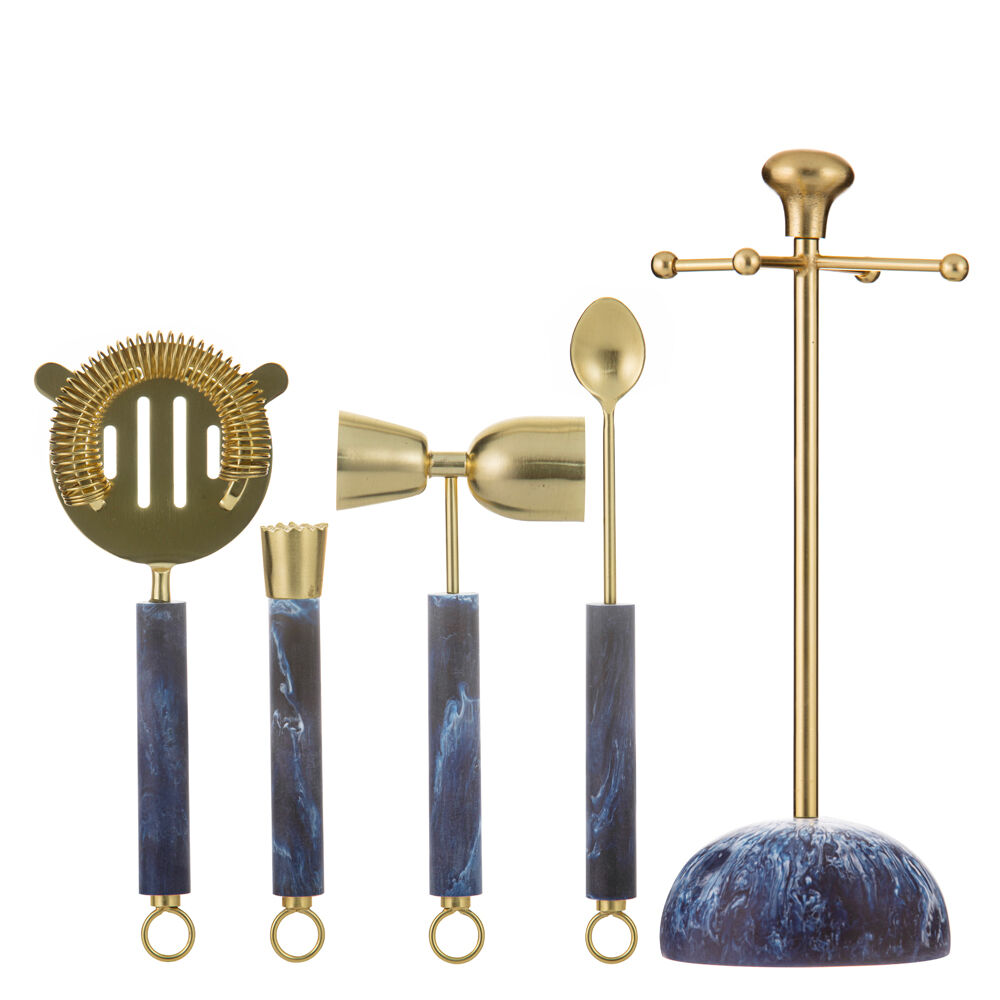 5pc Tempa Bennett Marble Finish Resin Barware Tools Set Blue/Gold