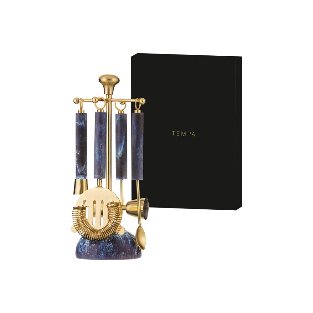 5pc Tempa Bennett Marble Finish Resin Barware Tools Set Blue/Gold