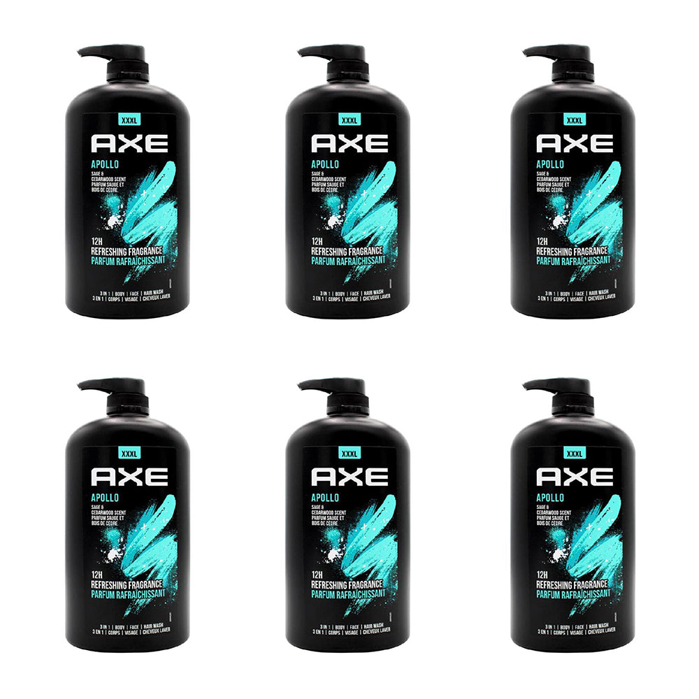 6PK Axe Apollo 3-in-1 Body Face Hair Wash 1L For Men Sage & Cedarwood Scent