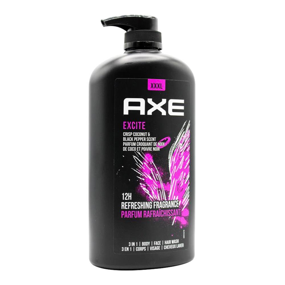 3PK Axe Excite 3in1 Body Face Hair Wash 1L For Men Crisp Coconut & Black Pepper