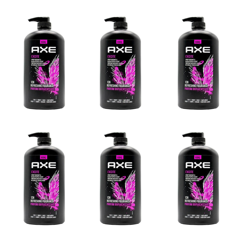 6PK Axe Excite 3in1 Body Face Hair Wash 1L For Men Crisp Coconut & Black Pepper