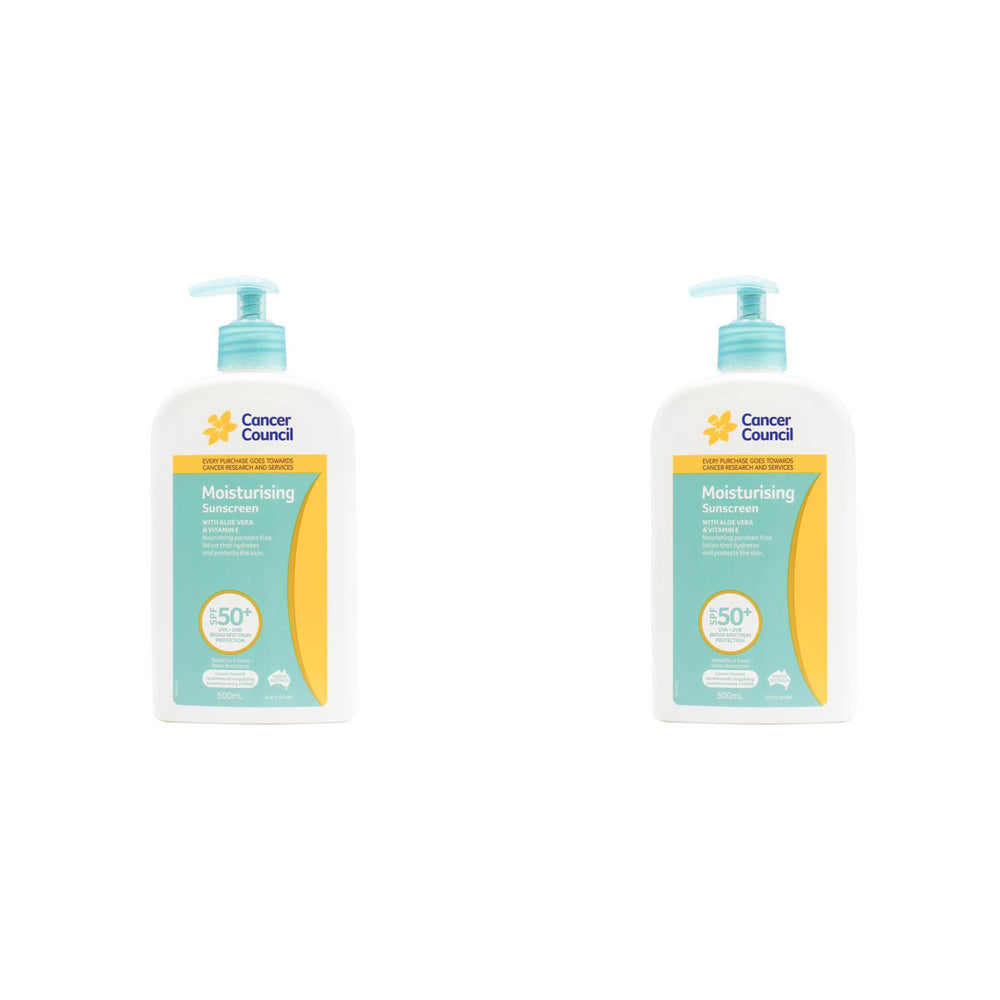 2PK Cancer Council 500ml Moisturising Sunscreen SPF50+ Lotion Pump Bottle