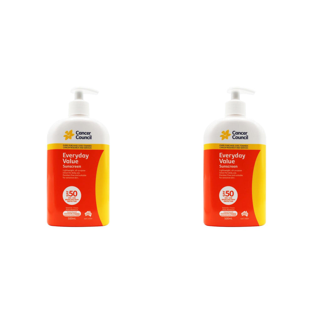2PK Cancer Council 500ml Everyday Value Sunscreen SPF50+ Lotion Pump Bottle