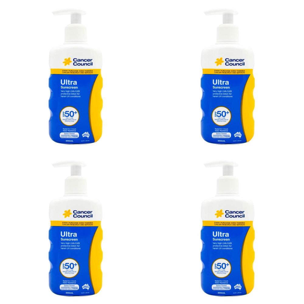 4PK Cancer Council 200ml Ultra Sunscreen SPF50+ Body Lotion