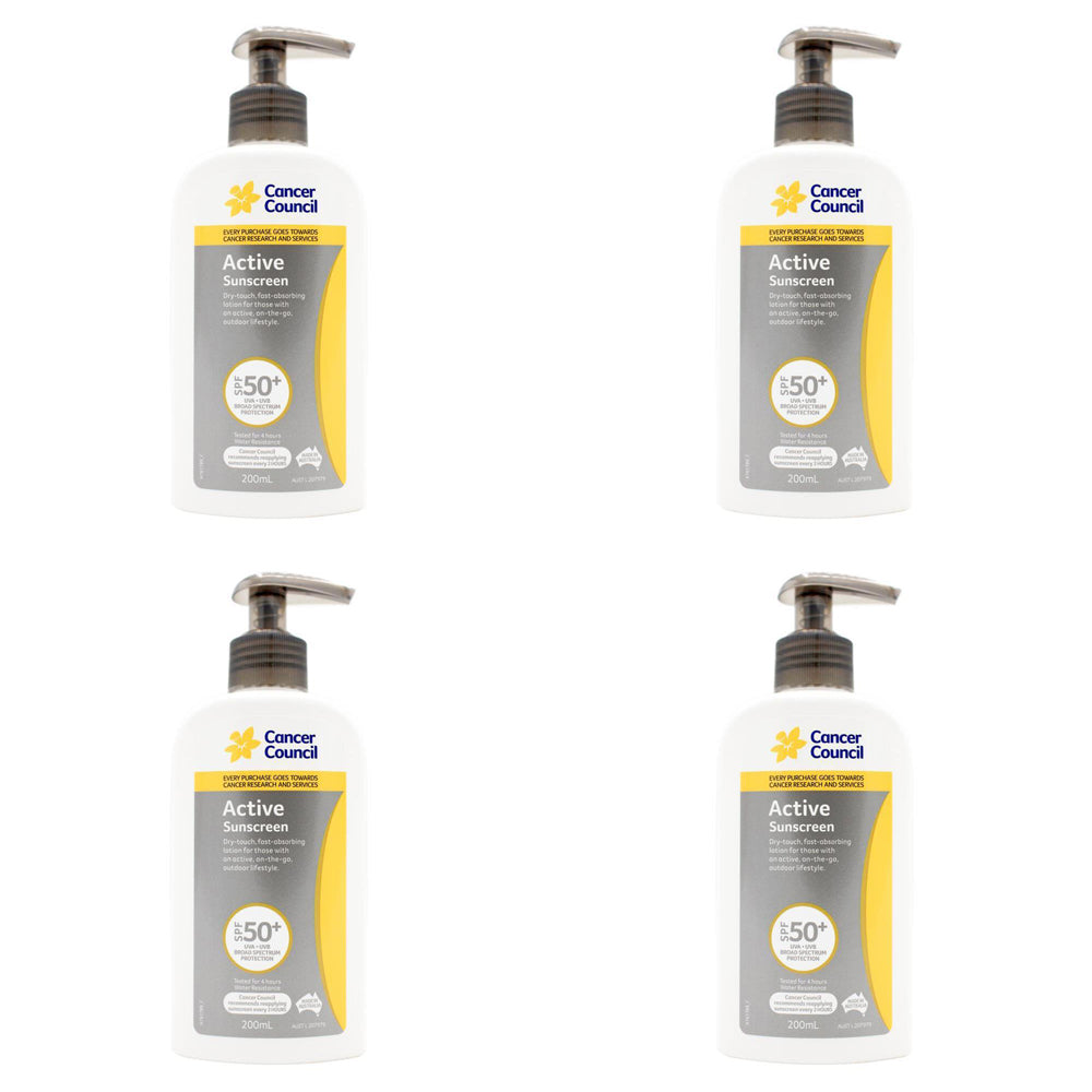 4PK Cancer Council 200ml Active Sunscreen SPF50+ Body Lotion