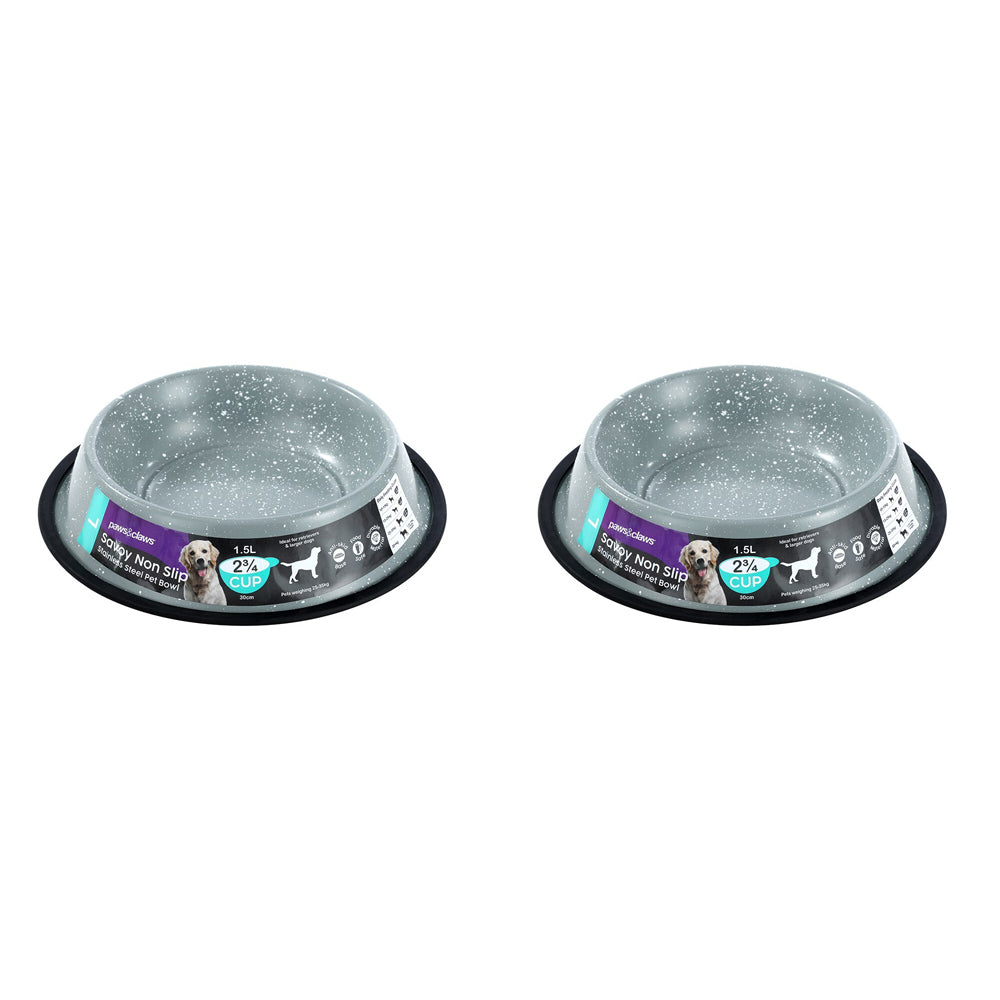 2x Paws & Claws Savoy 1.5L/29cm Non-Slip Stainless Steel Pet Bowl - Grey